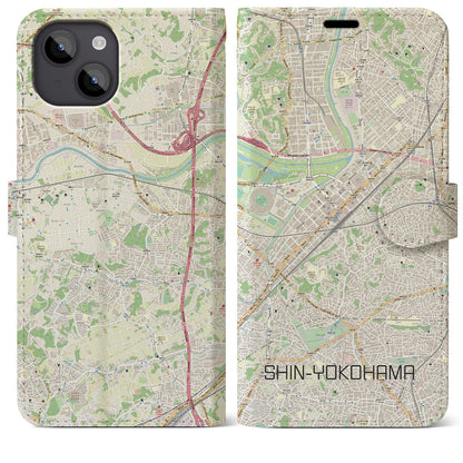 【新横浜（神奈川県）】地図柄iPhoneケース（手帳タイプ）ナチュラル・iPhone 14 Plus 用