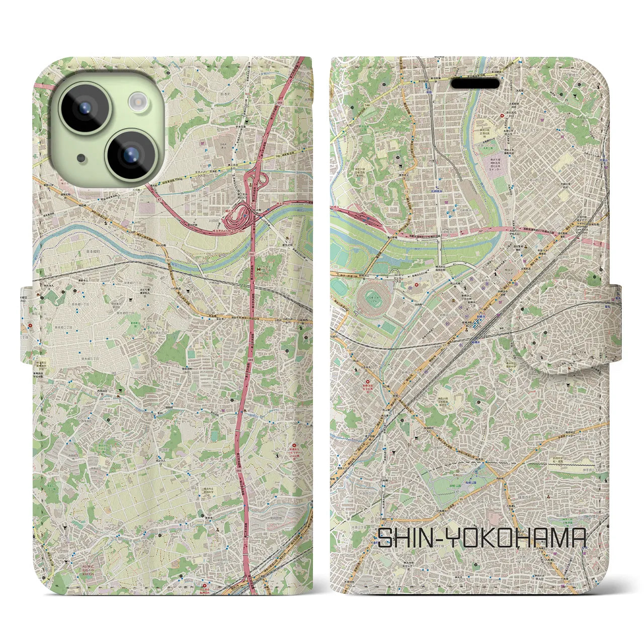 【新横浜】地図柄iPhoneケース（手帳両面タイプ・ナチュラル）iPhone 15 用