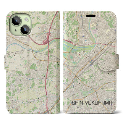 【新横浜（神奈川県）】地図柄iPhoneケース（手帳タイプ）ナチュラル・iPhone 15 用
