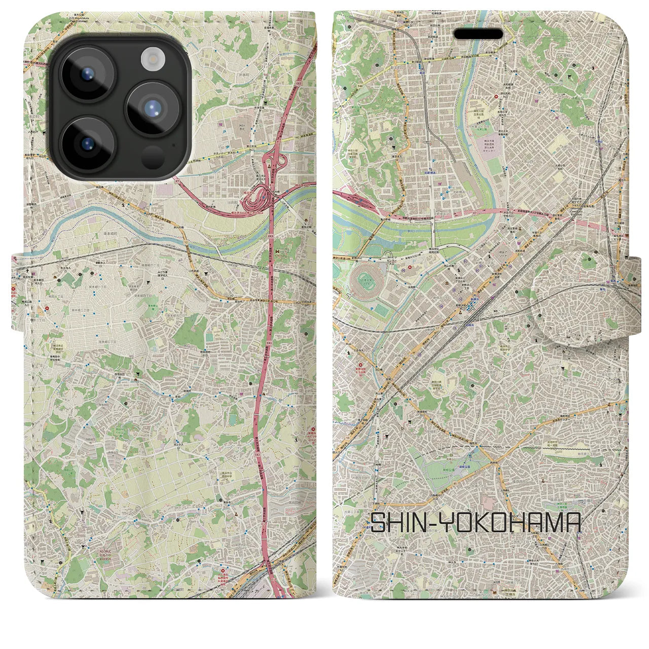 【新横浜】地図柄iPhoneケース（手帳両面タイプ・ナチュラル）iPhone 15 Pro Max 用