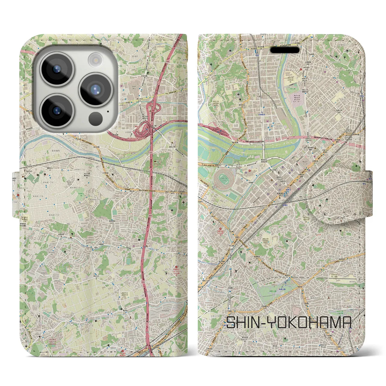 【新横浜】地図柄iPhoneケース（手帳両面タイプ・ナチュラル）iPhone 15 Pro 用