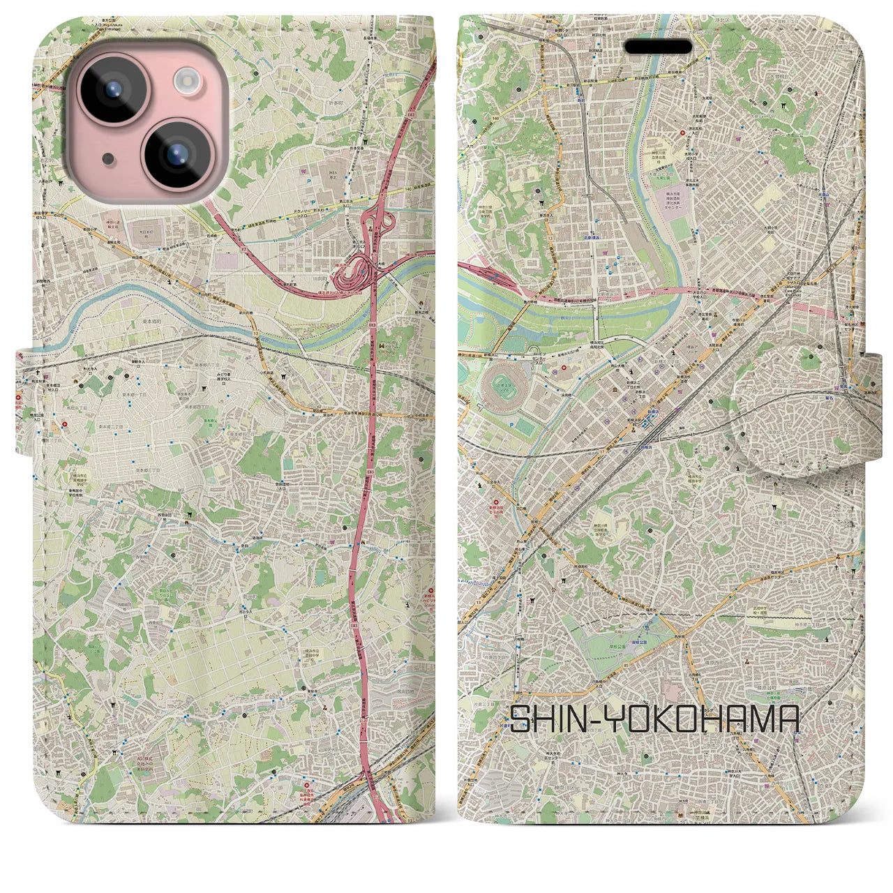 【新横浜】地図柄iPhoneケース（手帳両面タイプ・ナチュラル）iPhone 15 Plus 用