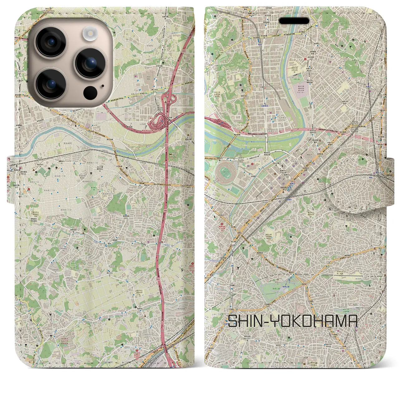 【新横浜（神奈川県）】地図柄iPhoneケース（手帳タイプ）ナチュラル・iPhone 16 Plus 用