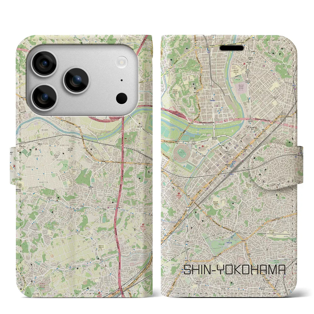 【新横浜（神奈川県）】地図柄iPhoneケース（手帳タイプ）モノトーン・iPhone 17 Pro Max 用