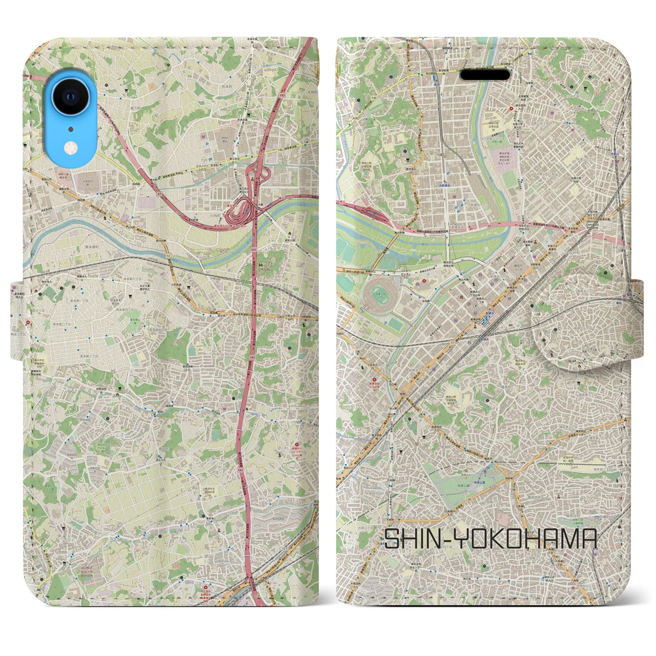 【新横浜】地図柄iPhoneケース（手帳両面タイプ・ナチュラル）iPhone XR 用