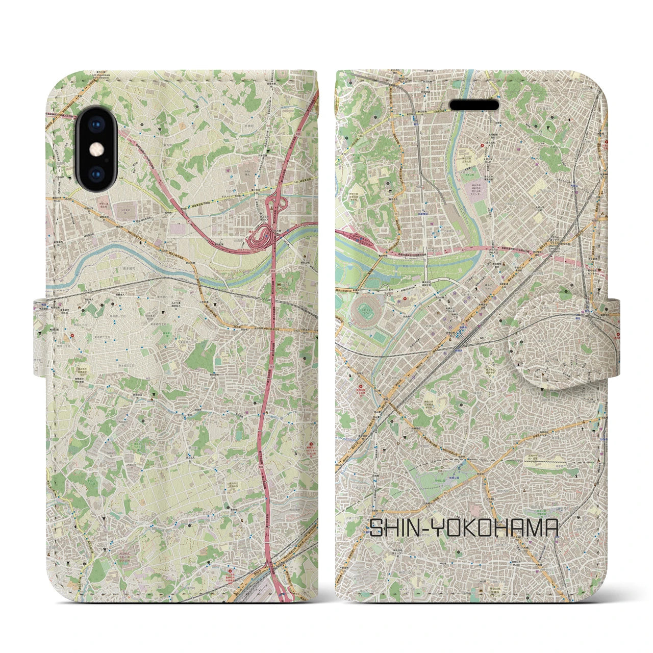 【新横浜】地図柄iPhoneケース（手帳両面タイプ・ナチュラル）iPhone XS / X 用