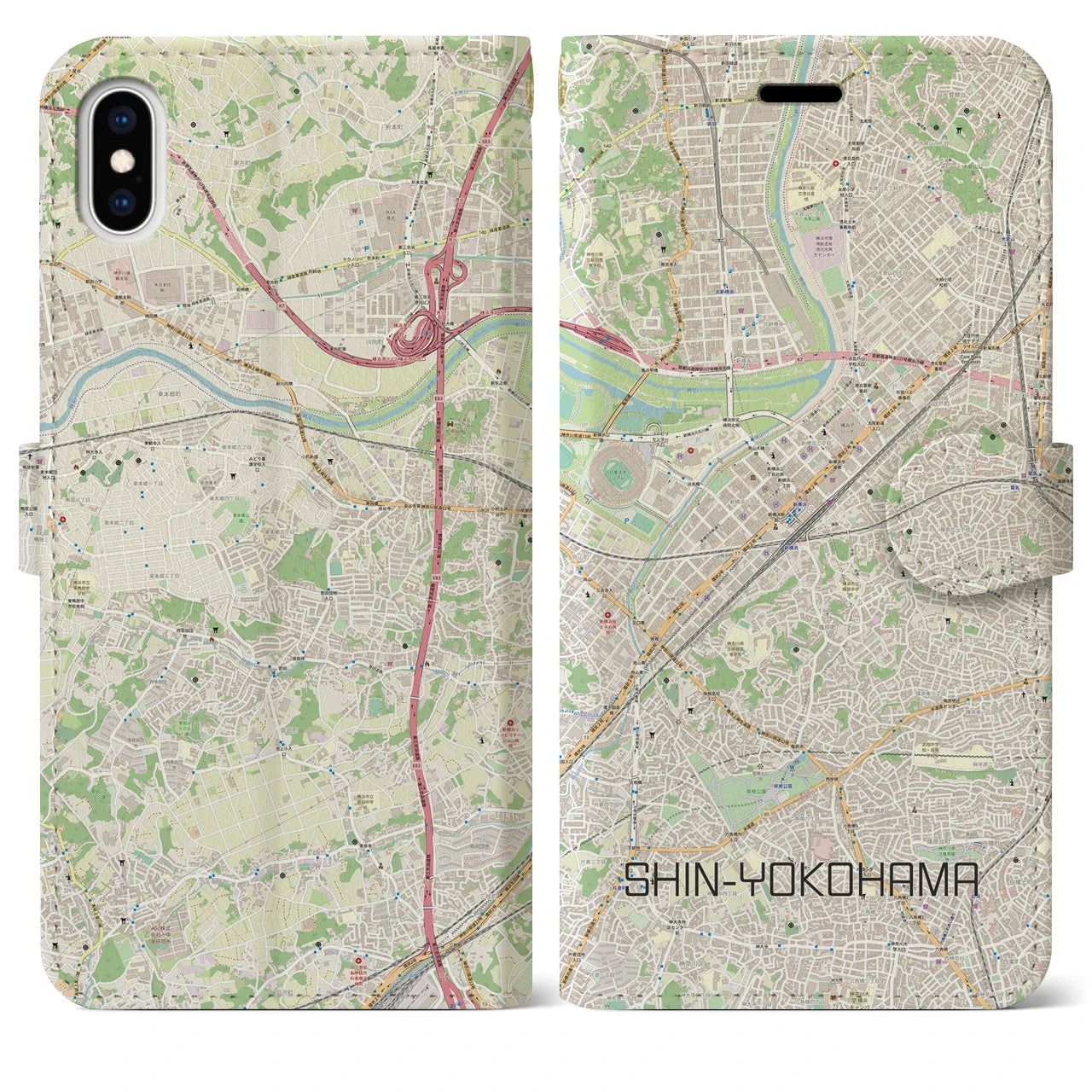 【新横浜】地図柄iPhoneケース（手帳両面タイプ・ナチュラル）iPhone XS Max 用