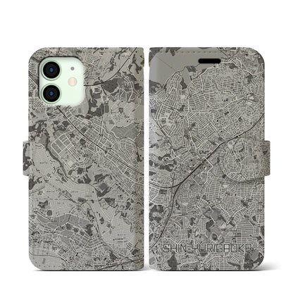 【新百合ヶ丘（神奈川県）】地図柄iPhoneケース（手帳タイプ）モノトーン・iPhone 12 mini 用