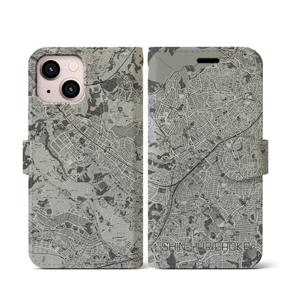 【新百合ヶ丘（神奈川県）】地図柄iPhoneケース（手帳タイプ）モノトーン・iPhone 13 mini 用