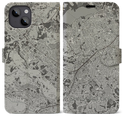 【新百合ヶ丘（神奈川県）】地図柄iPhoneケース（手帳タイプ）モノトーン・iPhone 14 Plus 用