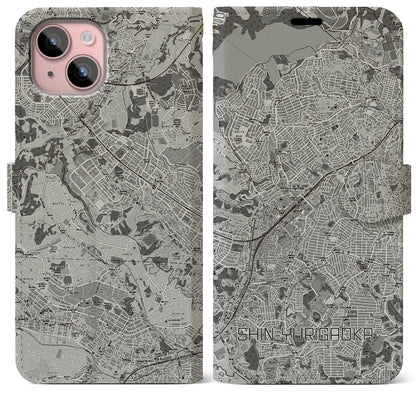 【新百合ヶ丘（神奈川県）】地図柄iPhoneケース（手帳タイプ）モノトーン・iPhone 15 Plus 用