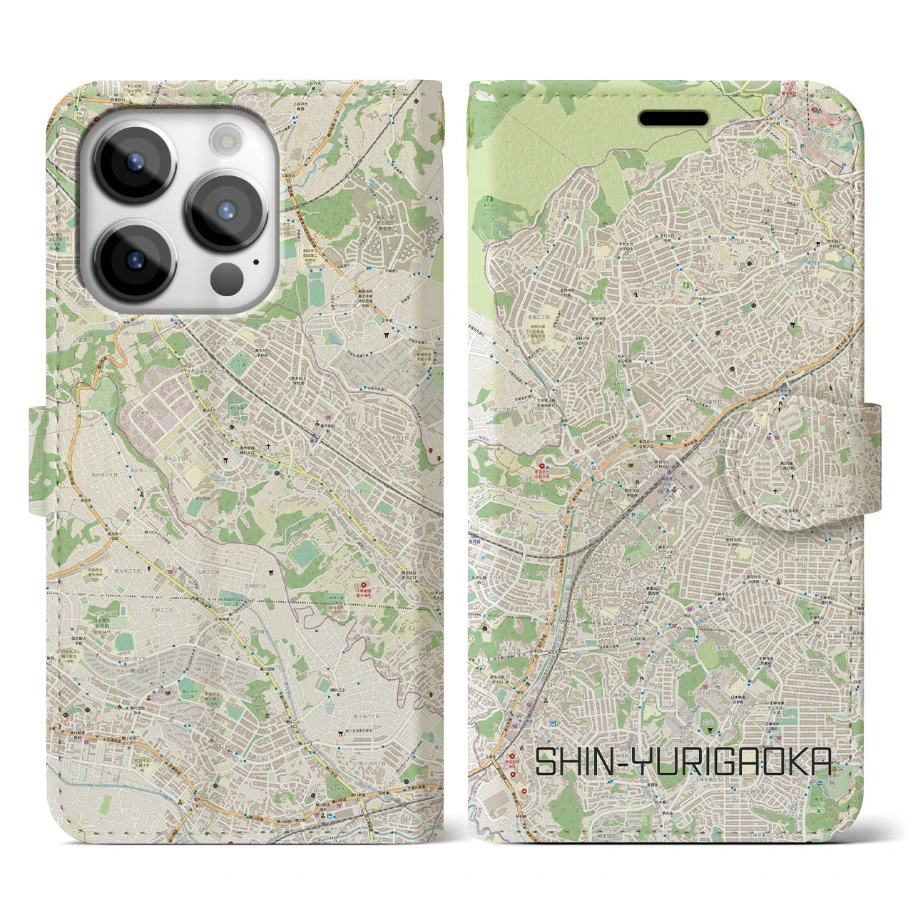 【新百合ヶ丘】地図柄iPhoneケース（手帳両面タイプ・ナチュラル）iPhone 14 Pro 用