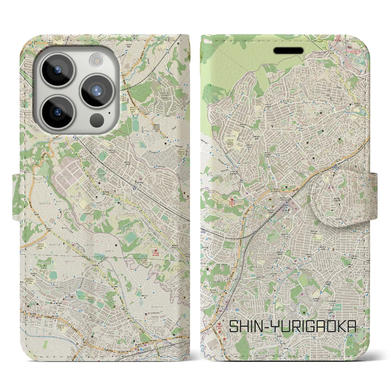 【新百合ヶ丘】地図柄iPhoneケース（手帳両面タイプ・ナチュラル）iPhone 15 Pro 用