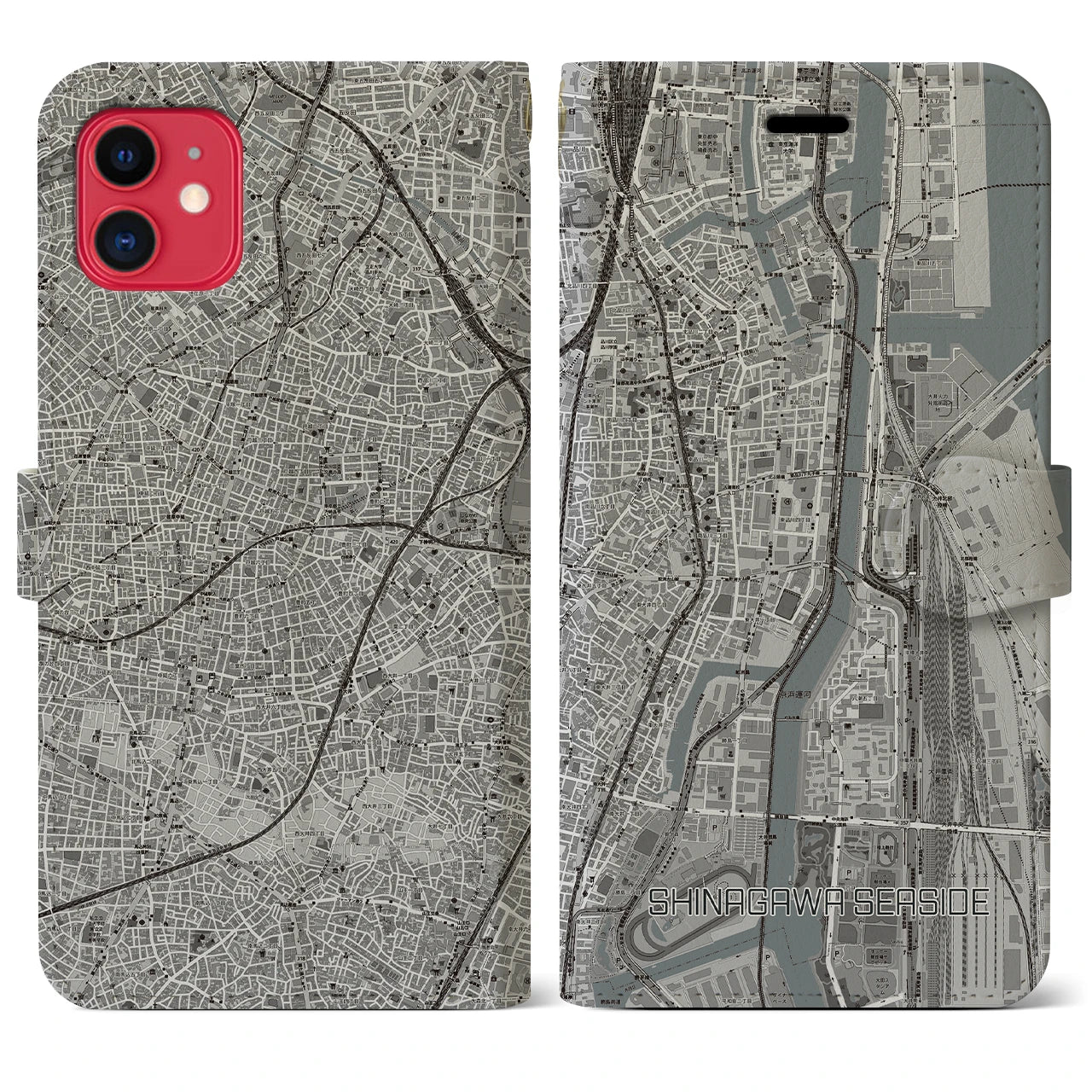 【品川シーサイド（東京都）】地図柄iPhoneケース（手帳タイプ）モノトーン・iPhone 11 用