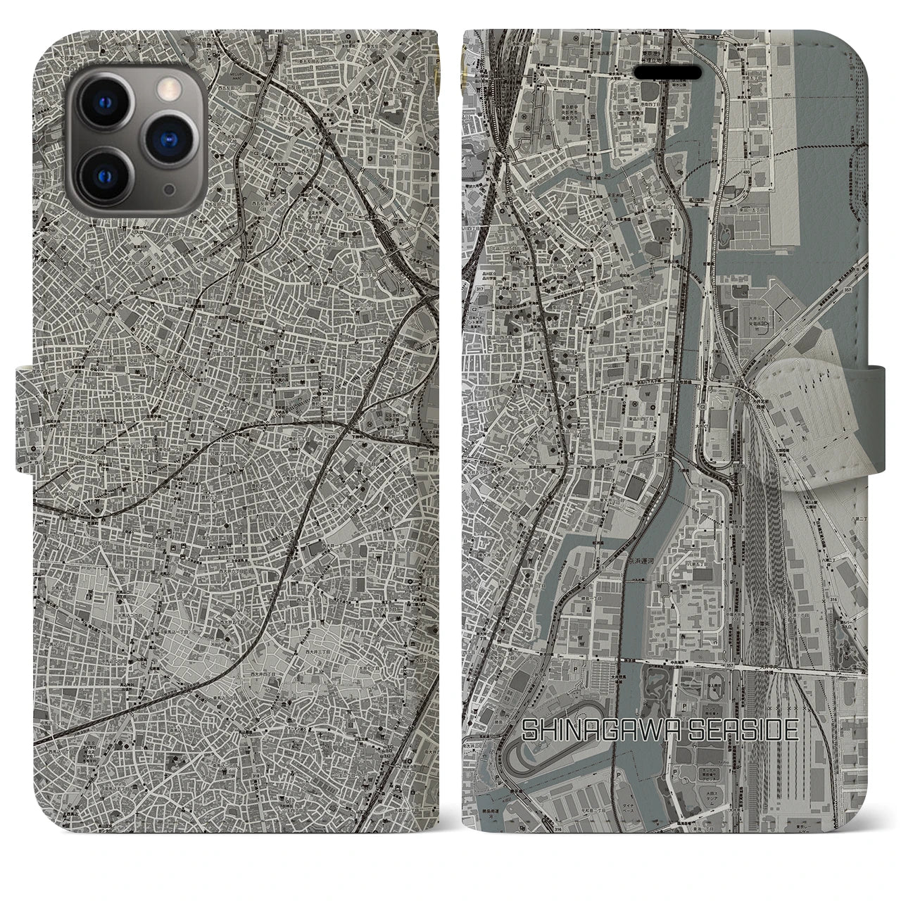 【品川シーサイド】地図柄iPhoneケース（手帳両面タイプ・モノトーン）iPhone 11 Pro Max 用