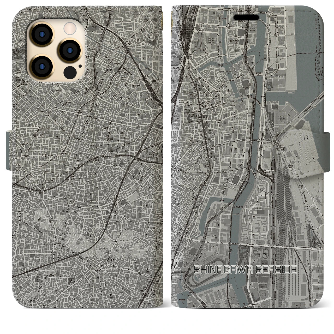 【品川シーサイド】地図柄iPhoneケース（手帳両面タイプ・モノトーン）iPhone 12 Pro Max 用
