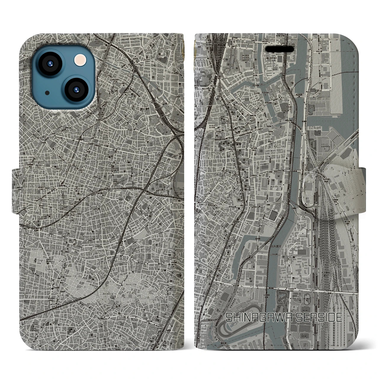 【品川シーサイド（東京都）】地図柄iPhoneケース（手帳タイプ）モノトーン・iPhone 13 用