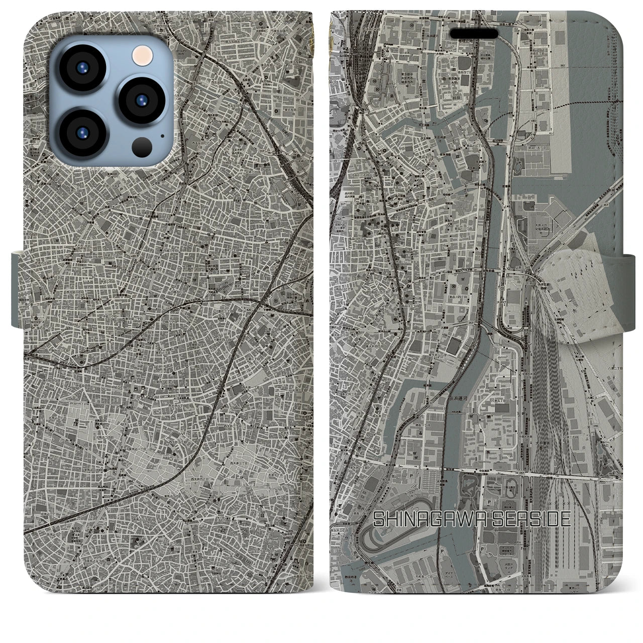 【品川シーサイド】地図柄iPhoneケース（手帳両面タイプ・モノトーン）iPhone 13 Pro Max 用