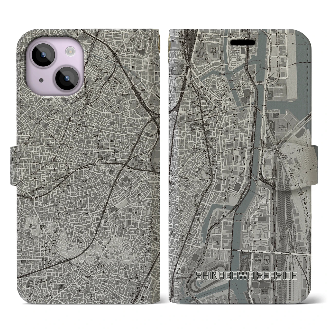 【品川シーサイド（東京都）】地図柄iPhoneケース（手帳タイプ）モノトーン・iPhone 14 用