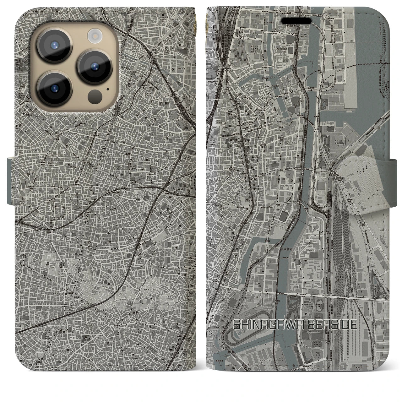 【品川シーサイド】地図柄iPhoneケース（手帳両面タイプ・モノトーン）iPhone 14 Pro Max 用