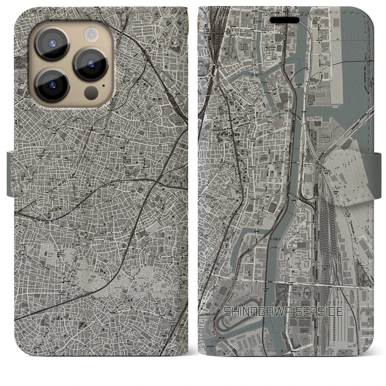 【品川シーサイド（東京都）】地図柄iPhoneケース（手帳タイプ）モノトーン・iPhone 14 Pro Max 用