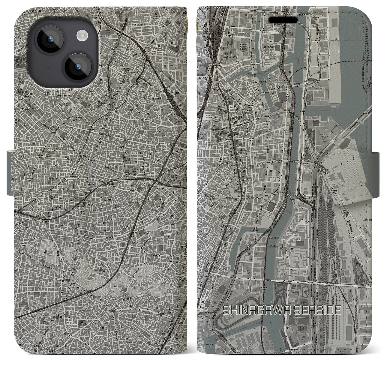【品川シーサイド】地図柄iPhoneケース（手帳両面タイプ・モノトーン）iPhone 14 Plus 用