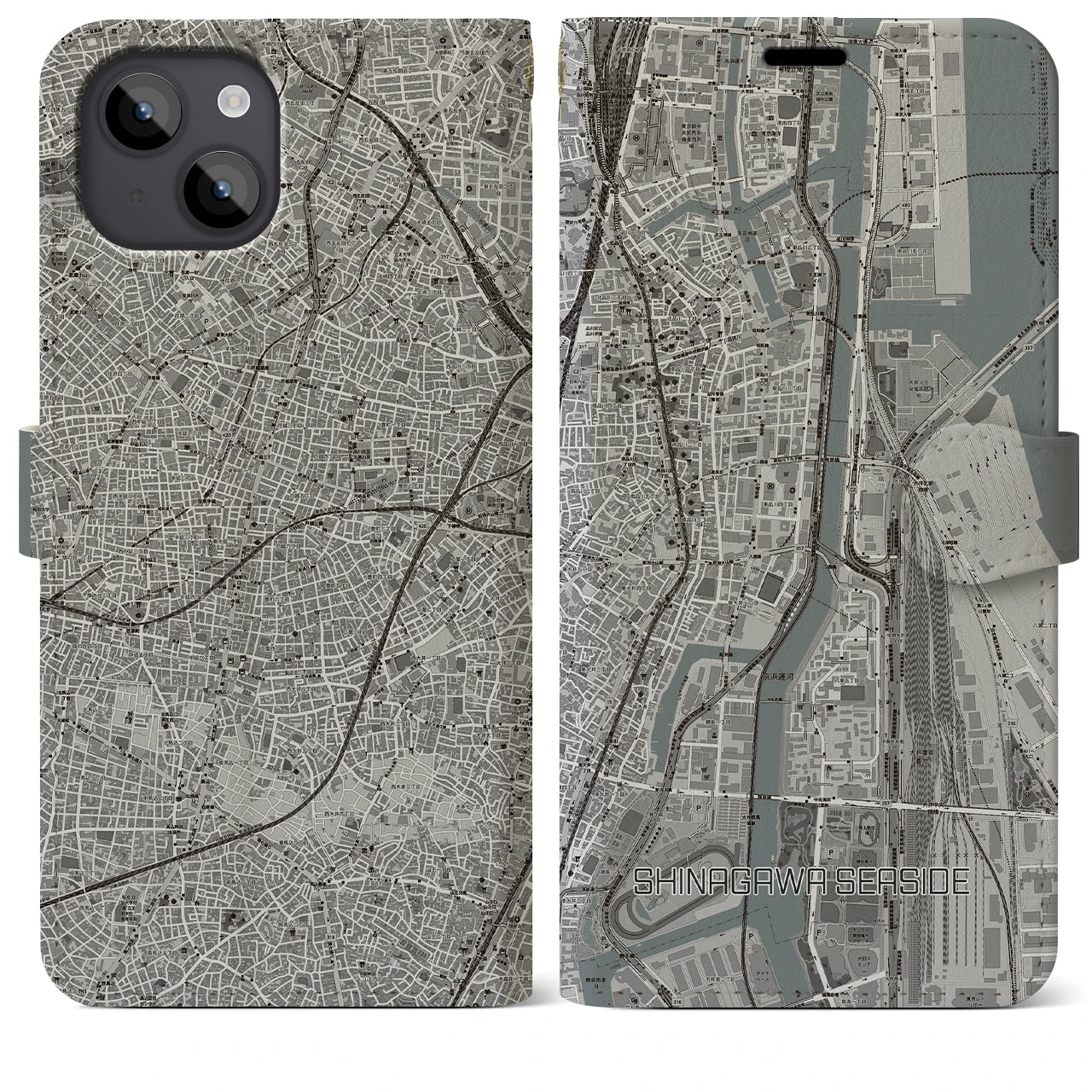 【品川シーサイド（東京都）】地図柄iPhoneケース（手帳タイプ）モノトーン・iPhone 14 Plus 用