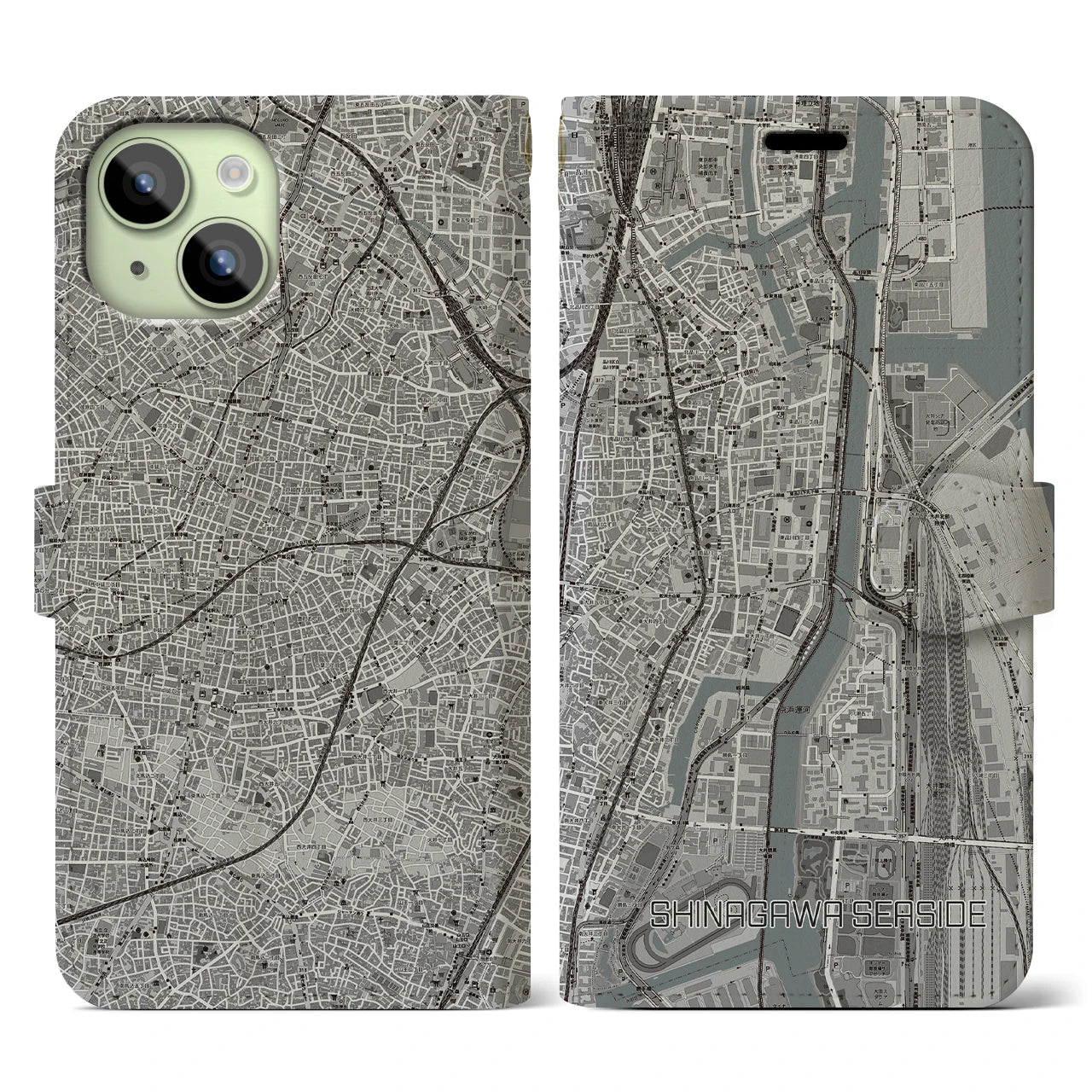 【品川シーサイド】地図柄iPhoneケース（手帳両面タイプ・モノトーン）iPhone 15 用