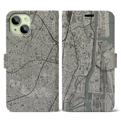 【品川シーサイド（東京都）】地図柄iPhoneケース（手帳タイプ）モノトーン・iPhone 15 用