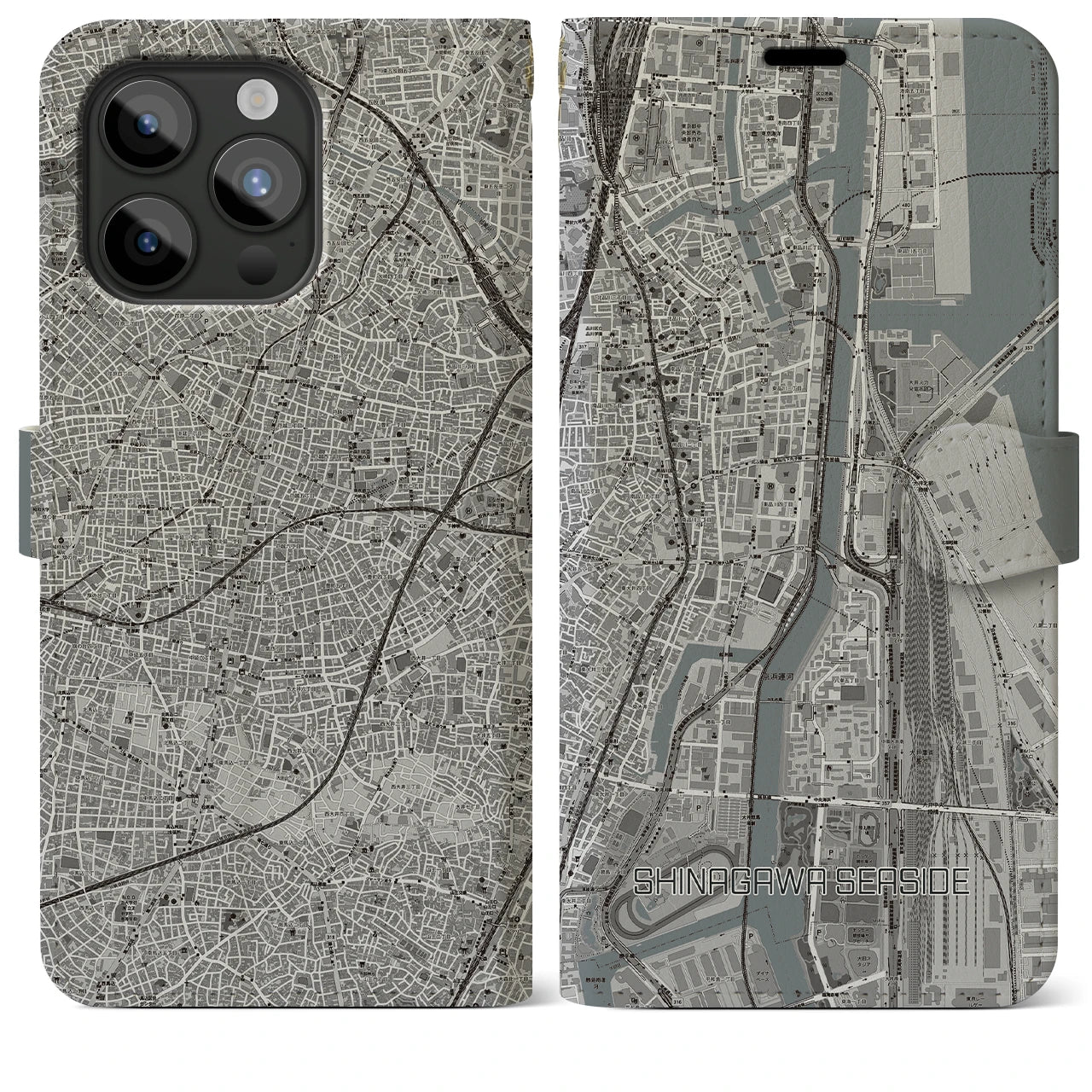 【品川シーサイド】地図柄iPhoneケース（手帳両面タイプ・モノトーン）iPhone 15 Pro Max 用