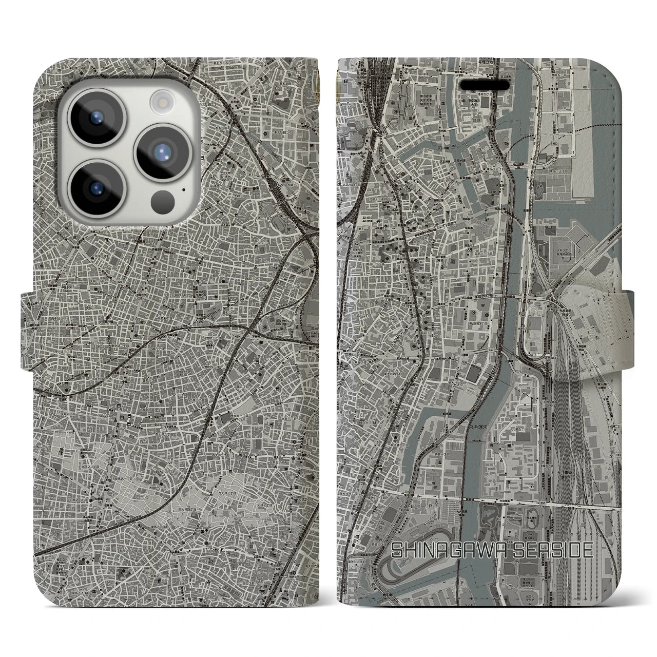 【品川シーサイド（東京都）】地図柄iPhoneケース（手帳タイプ）モノトーン・iPhone 15 Pro 用