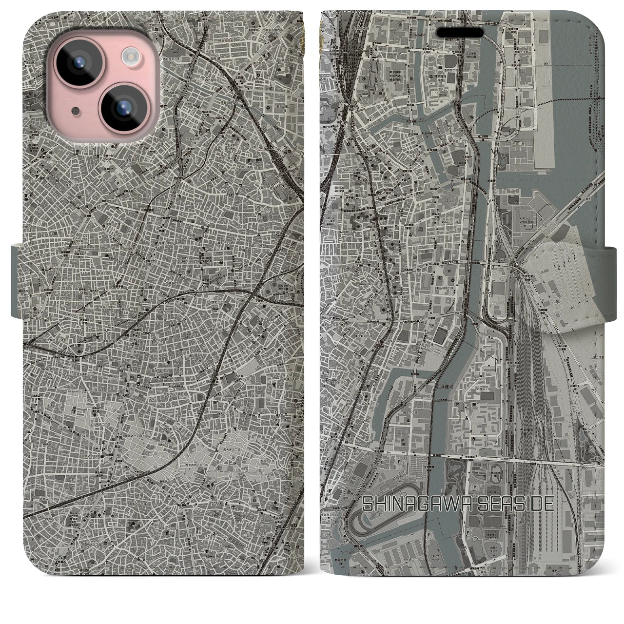 【品川シーサイド】地図柄iPhoneケース（手帳両面タイプ・モノトーン）iPhone 15 Plus 用