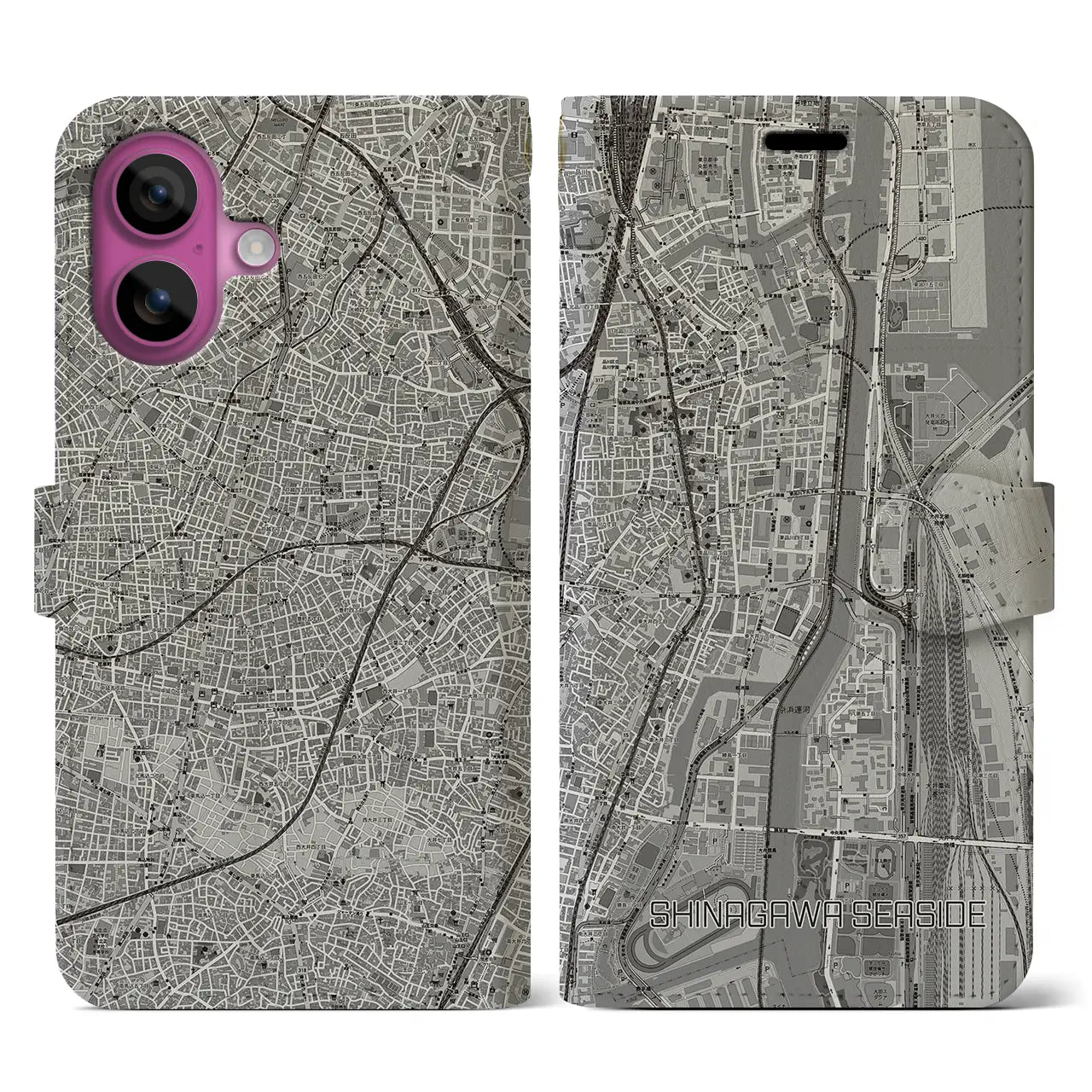 【品川シーサイド（東京都）】地図柄iPhoneケース（手帳タイプ）モノトーン・iPhone 16 Pro 用