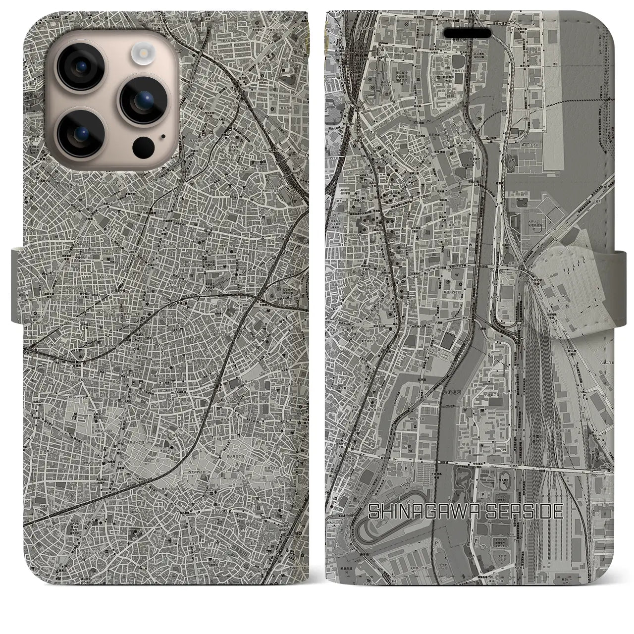 【品川シーサイド（東京都）】地図柄iPhoneケース（手帳タイプ）モノトーン・iPhone 16 Plus 用