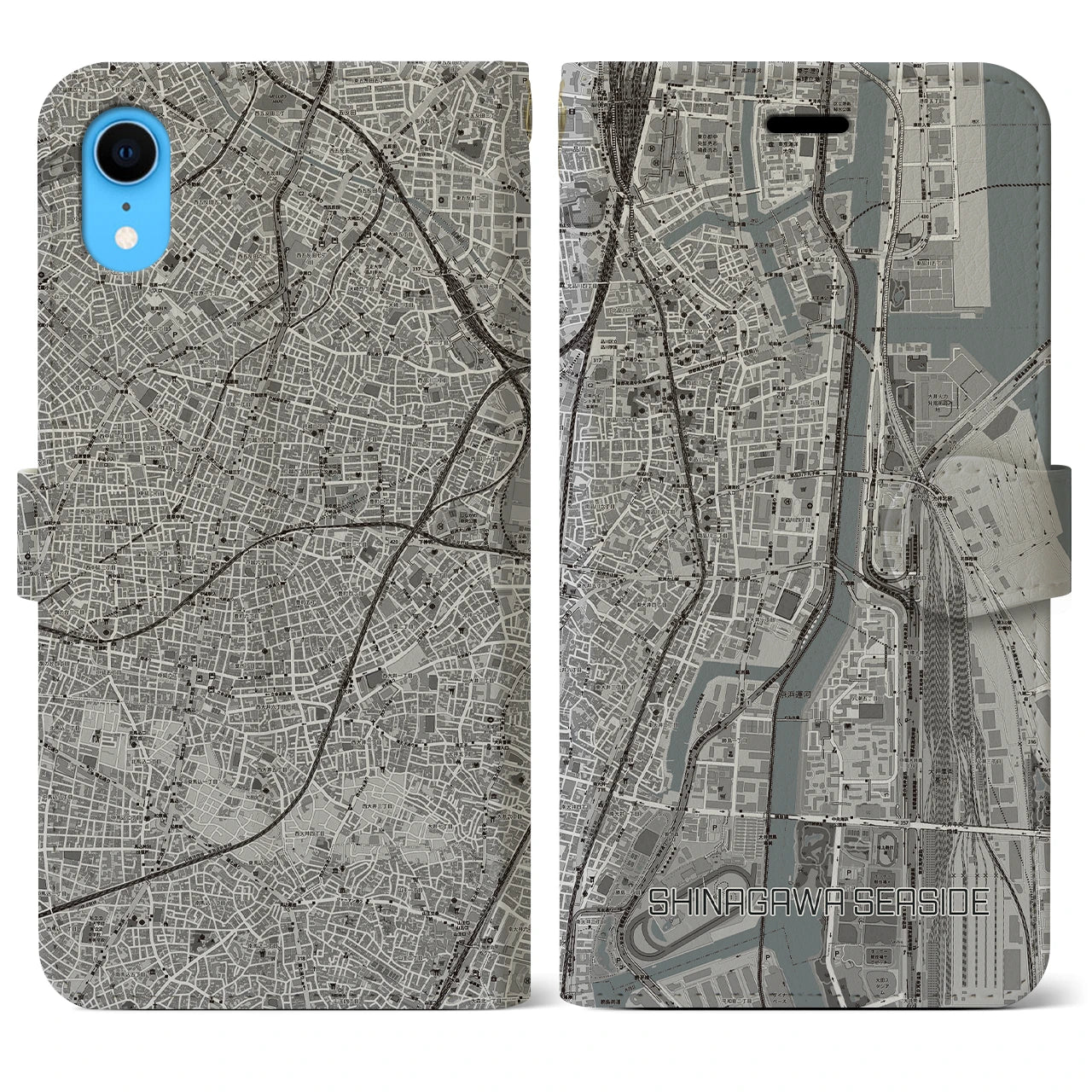 【品川シーサイド（東京都）】地図柄iPhoneケース（手帳タイプ）モノトーン・iPhone XR 用