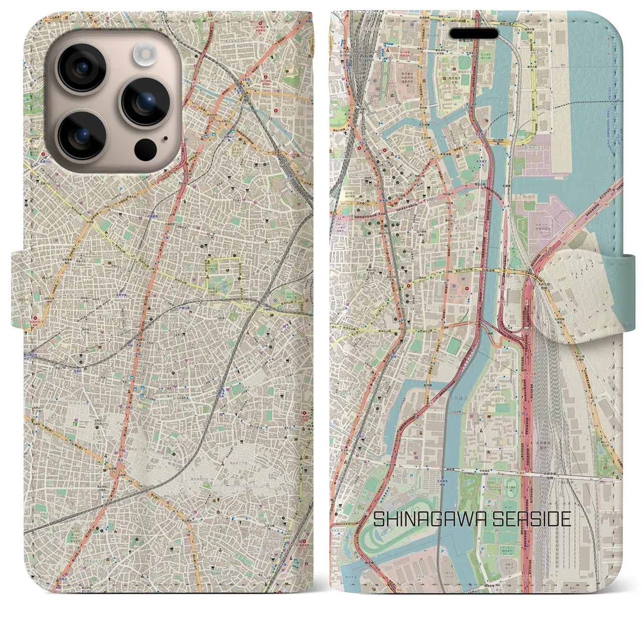 【品川シーサイド（東京都）】地図柄iPhoneケース（手帳タイプ）ナチュラル・iPhone 16 Plus 用