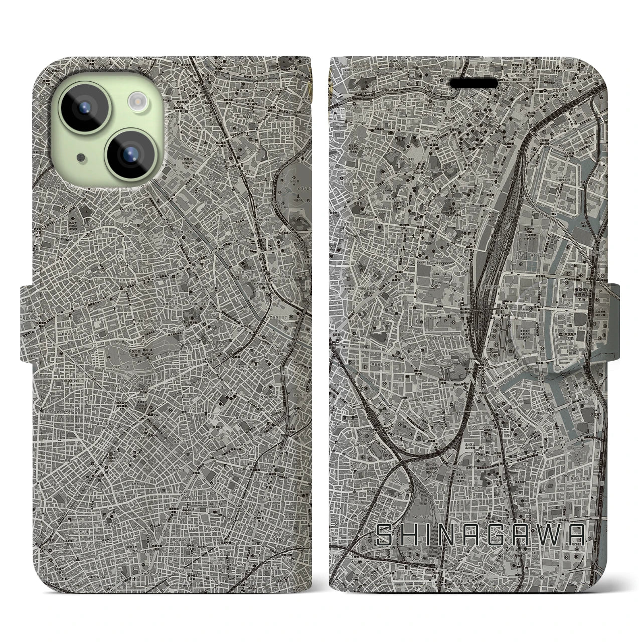 【品川】地図柄iPhoneケース（手帳両面タイプ・モノトーン）iPhone 15 用