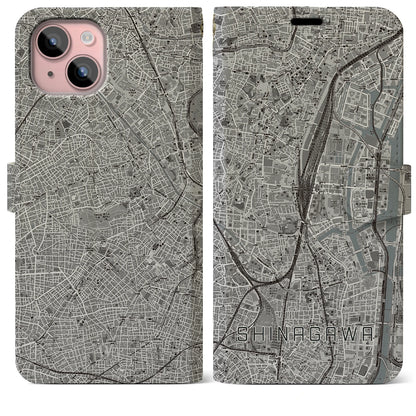 【品川（東京都）】地図柄iPhoneケース（手帳タイプ）モノトーン・iPhone 15 Plus 用