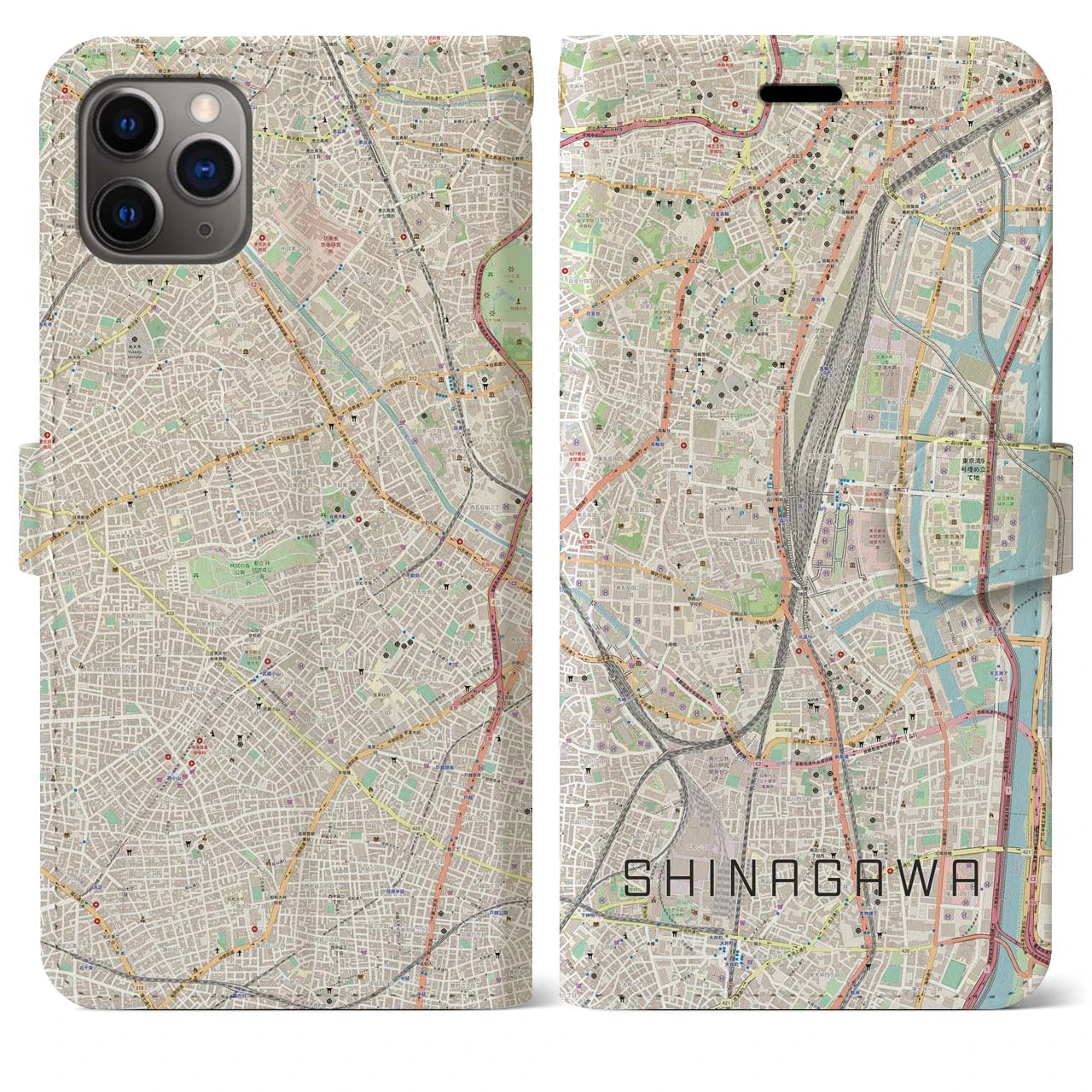 【品川】地図柄iPhoneケース（手帳両面タイプ・ナチュラル）iPhone 11 Pro Max 用