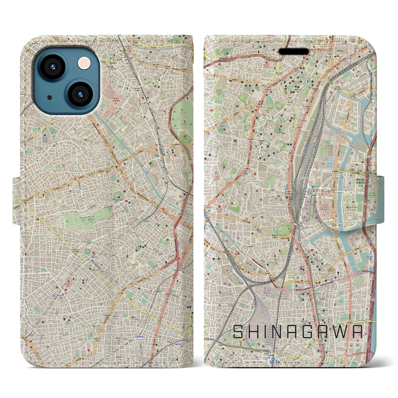 【品川】地図柄iPhoneケース（手帳両面タイプ・ナチュラル）iPhone 13 用