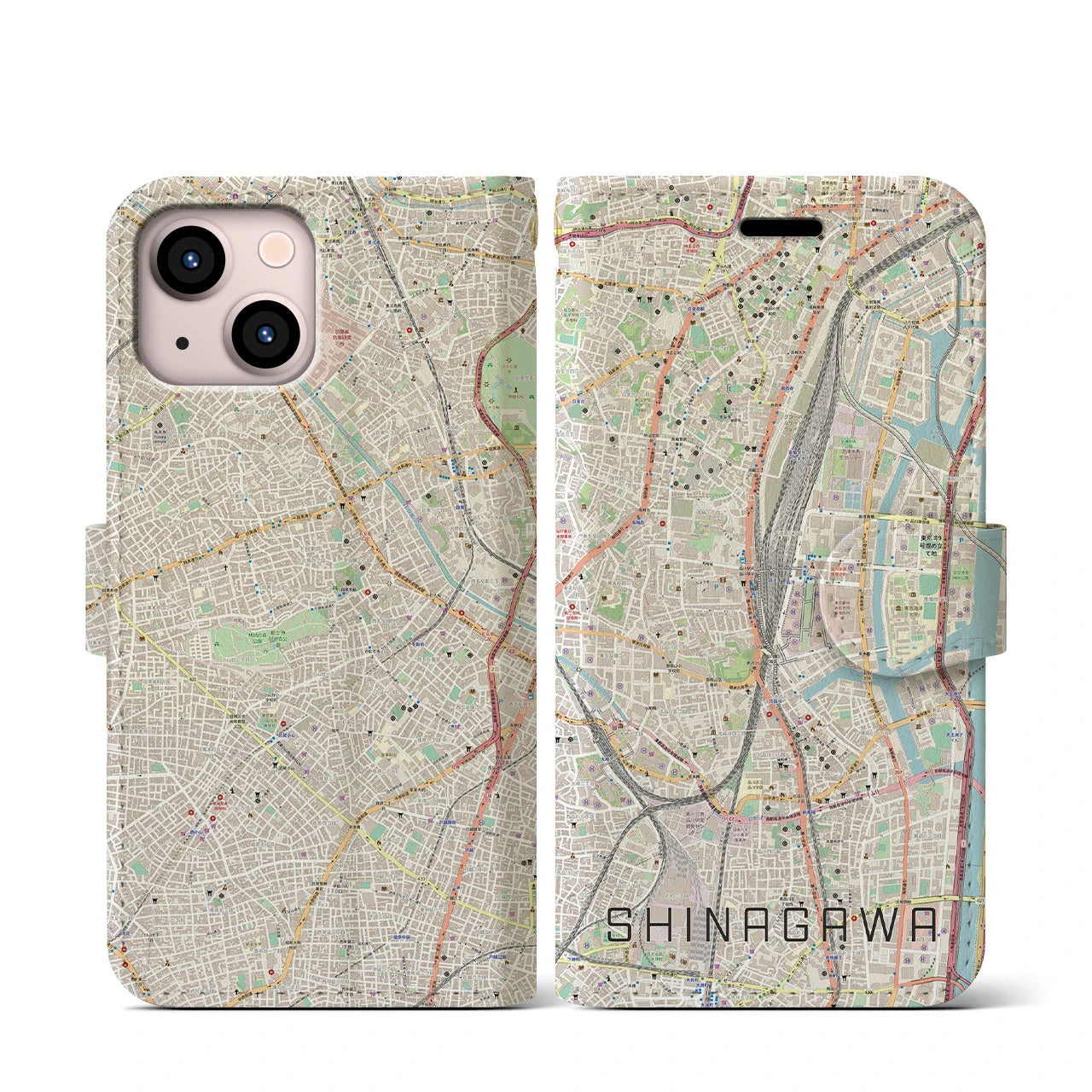 【品川】地図柄iPhoneケース（手帳両面タイプ・ナチュラル）iPhone 13 mini 用