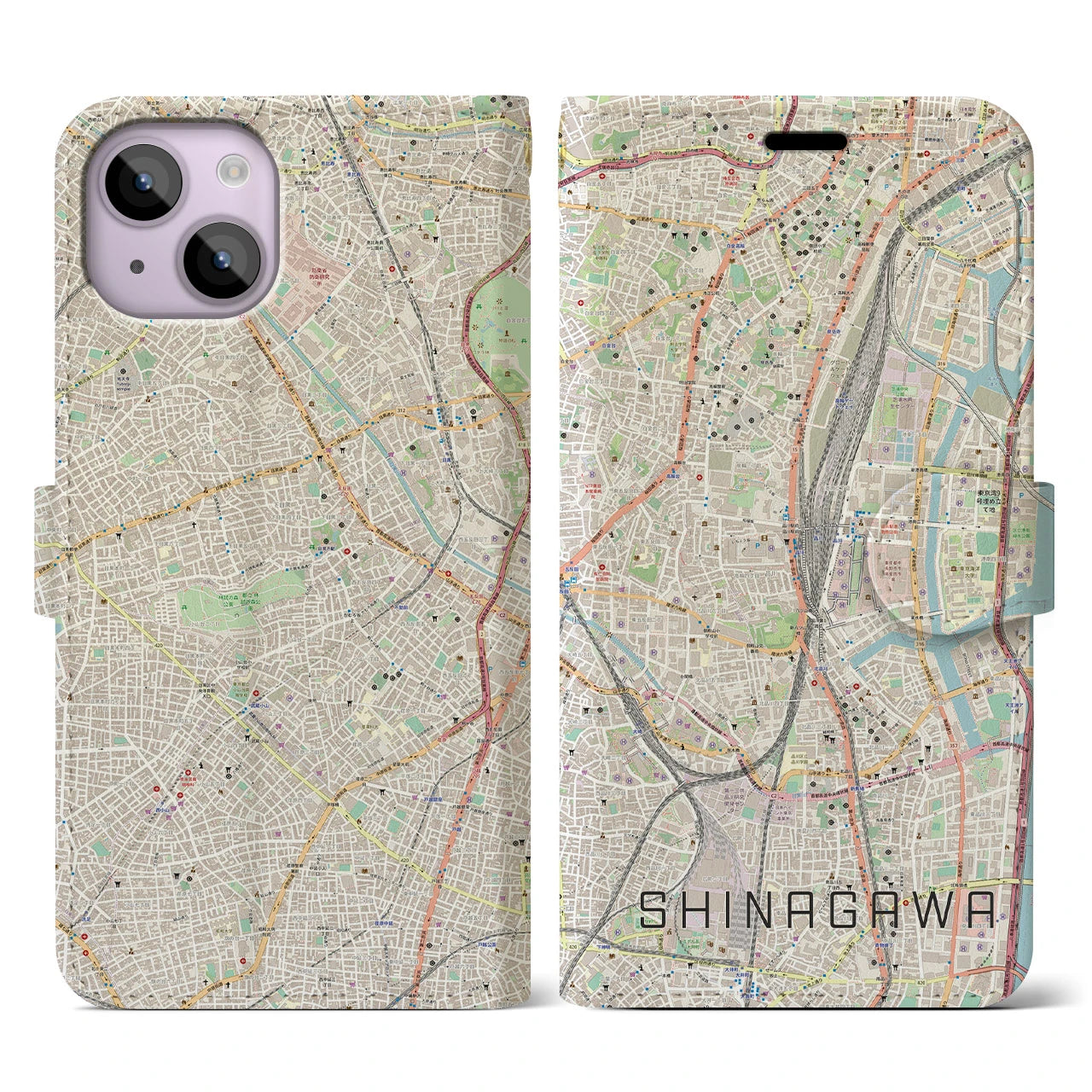 【品川】地図柄iPhoneケース（手帳両面タイプ・ナチュラル）iPhone 14 用