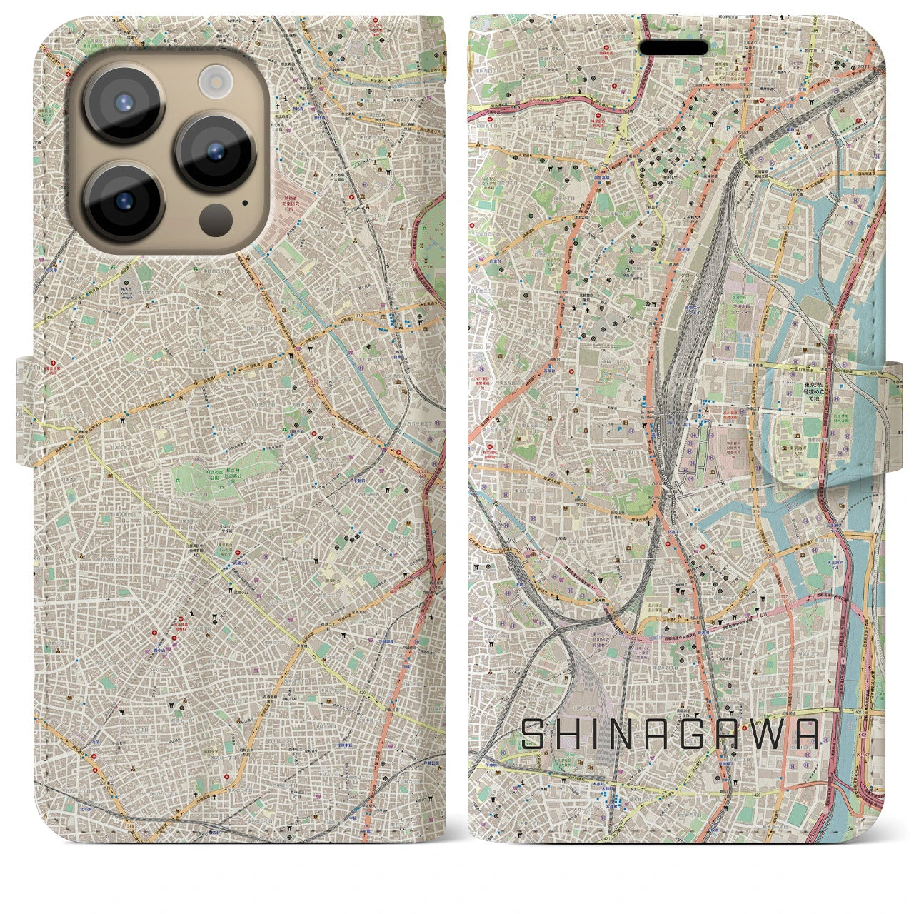【品川】地図柄iPhoneケース（手帳両面タイプ・ナチュラル）iPhone 14 Pro Max 用