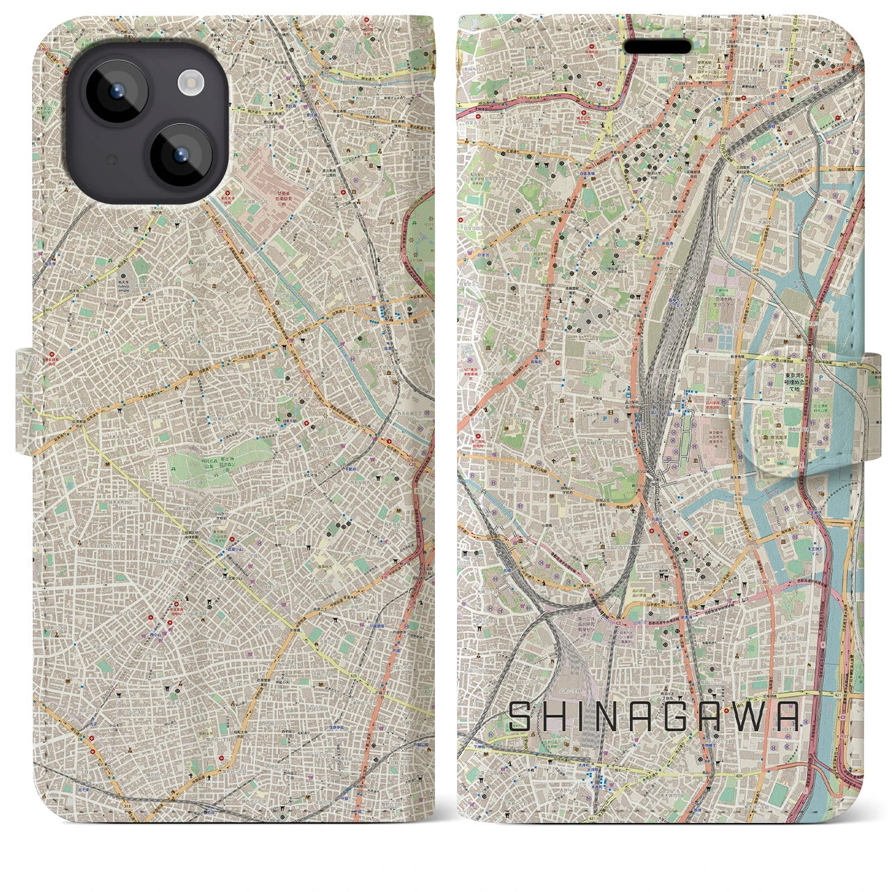 【品川】地図柄iPhoneケース（手帳両面タイプ・ナチュラル）iPhone 14 Plus 用