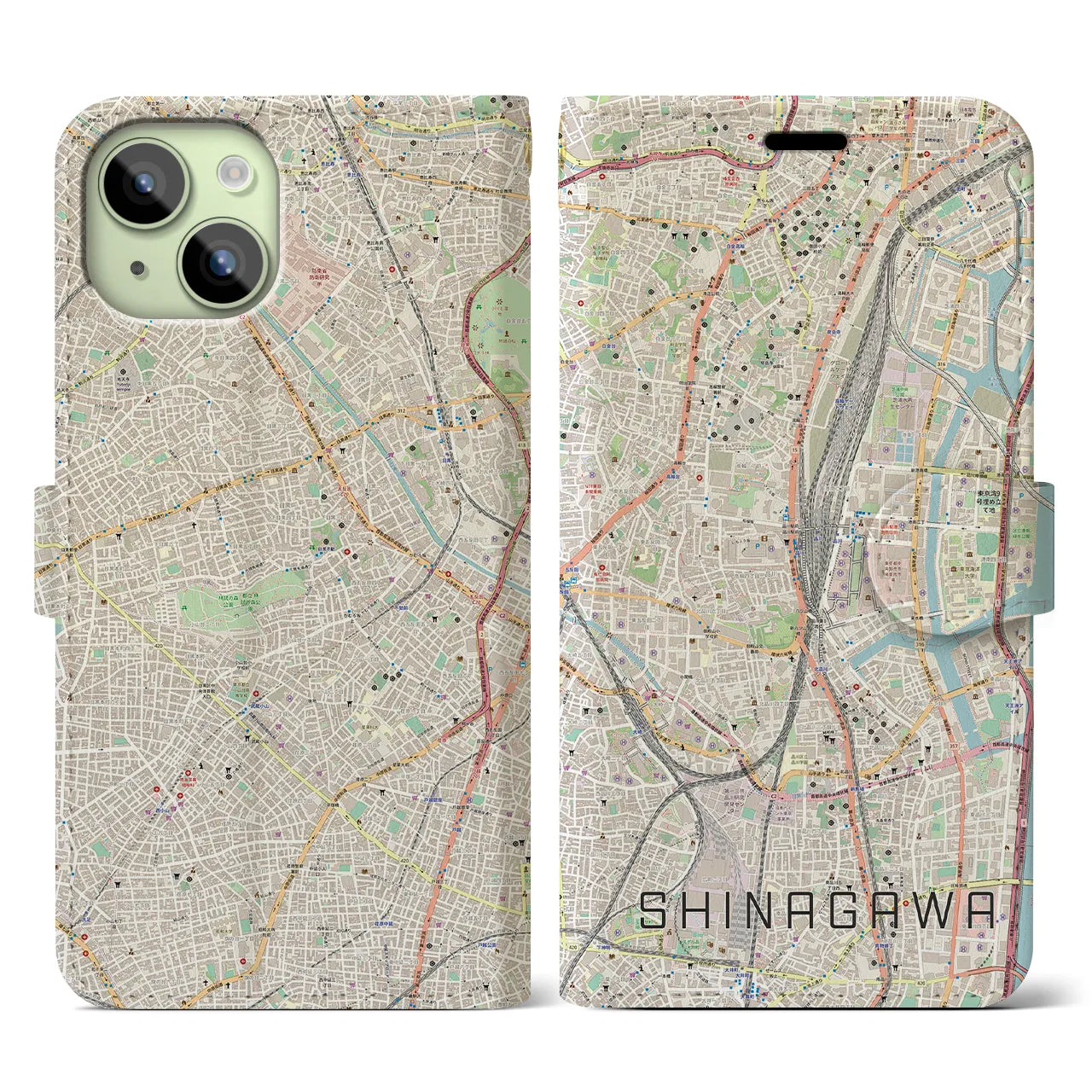 【品川】地図柄iPhoneケース（手帳両面タイプ・ナチュラル）iPhone 15 用