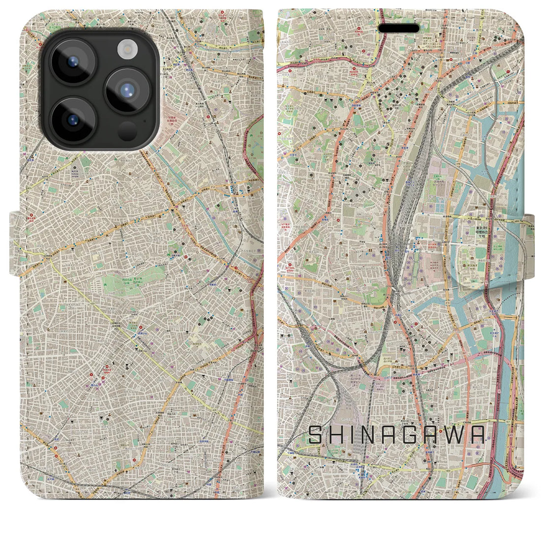 【品川】地図柄iPhoneケース（手帳両面タイプ・ナチュラル）iPhone 15 Pro Max 用