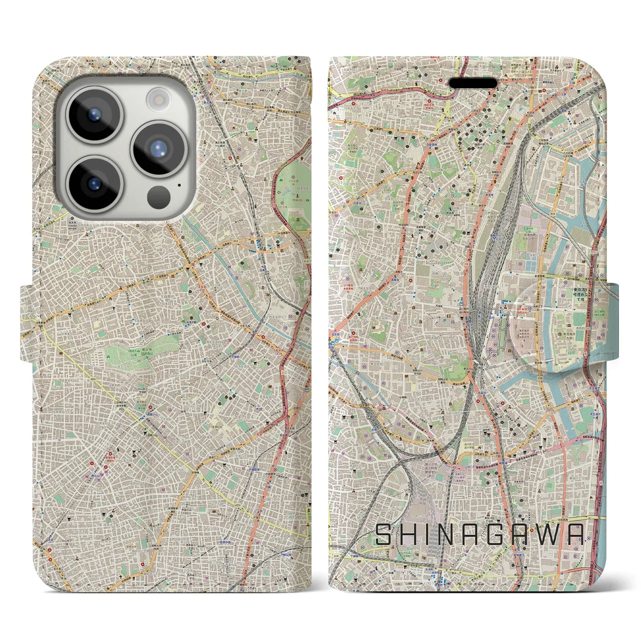 【品川】地図柄iPhoneケース（手帳両面タイプ・ナチュラル）iPhone 15 Pro 用
