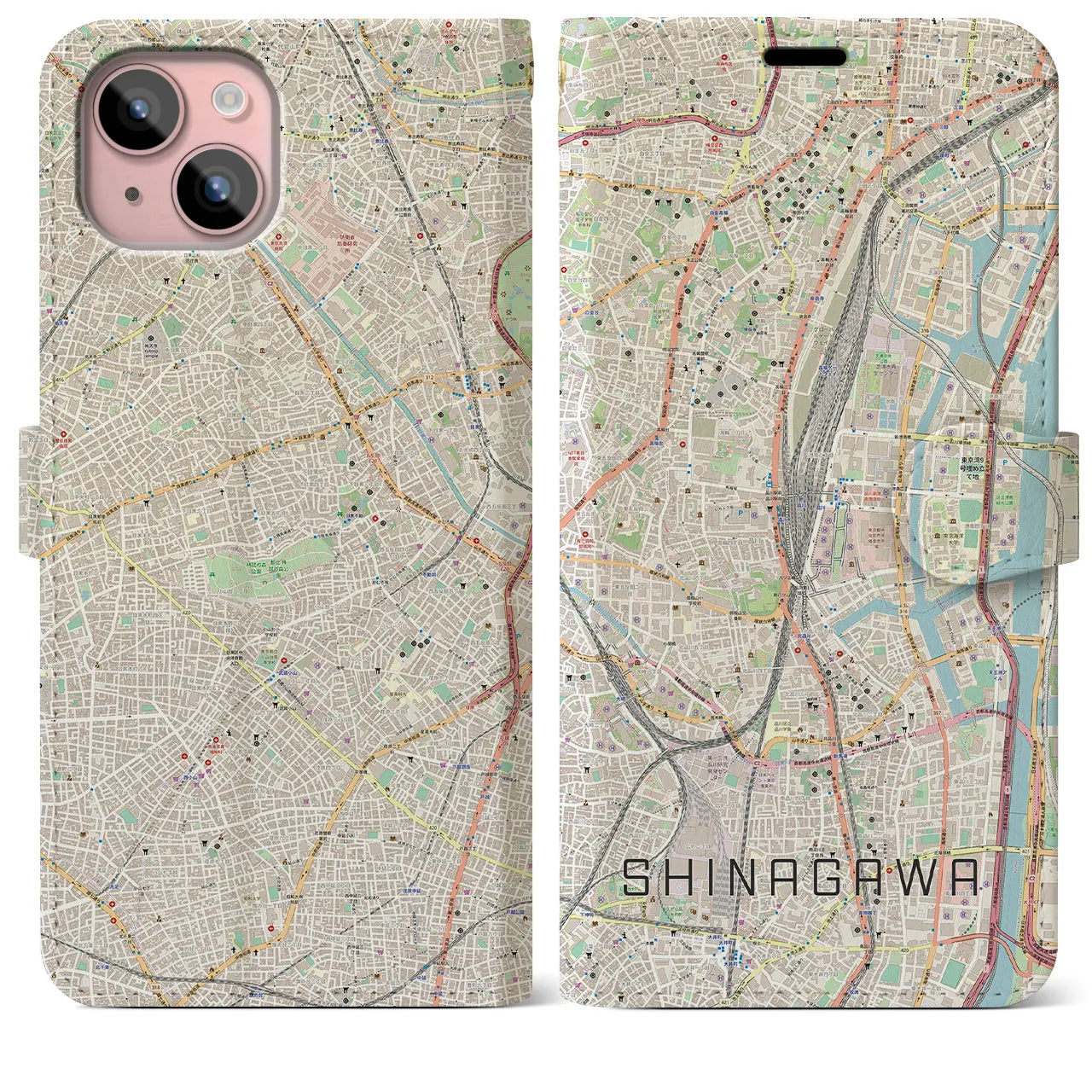 【品川】地図柄iPhoneケース（手帳両面タイプ・ナチュラル）iPhone 15 Plus 用