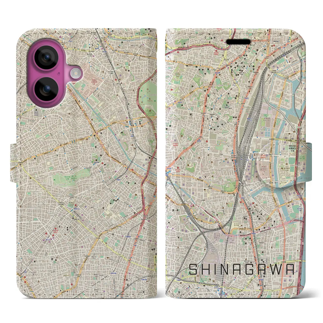 【品川（東京都）】地図柄iPhoneケース（手帳タイプ）ナチュラル・iPhone 16 Pro 用