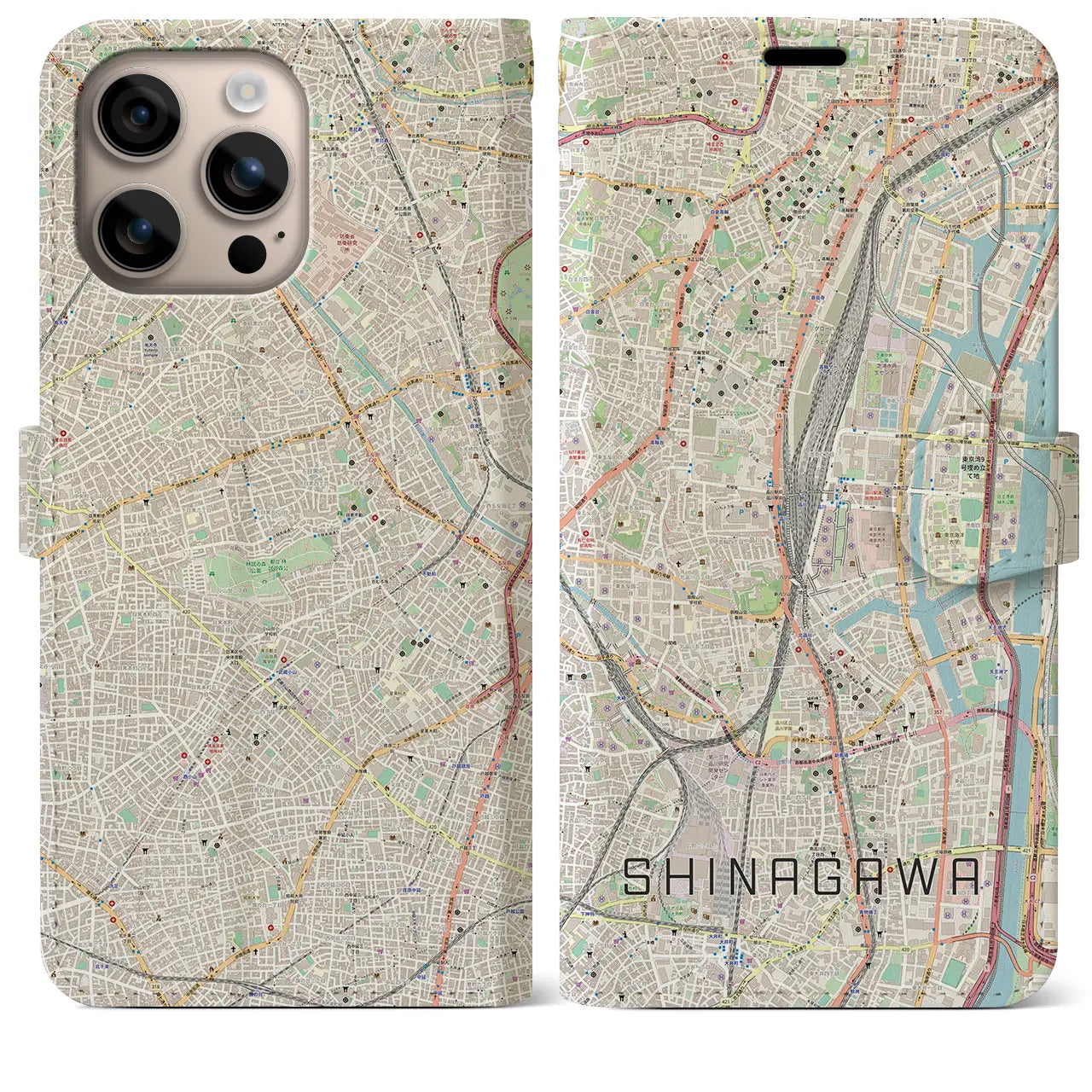 【品川（東京都）】地図柄iPhoneケース（手帳タイプ）ナチュラル・iPhone 16 Plus 用